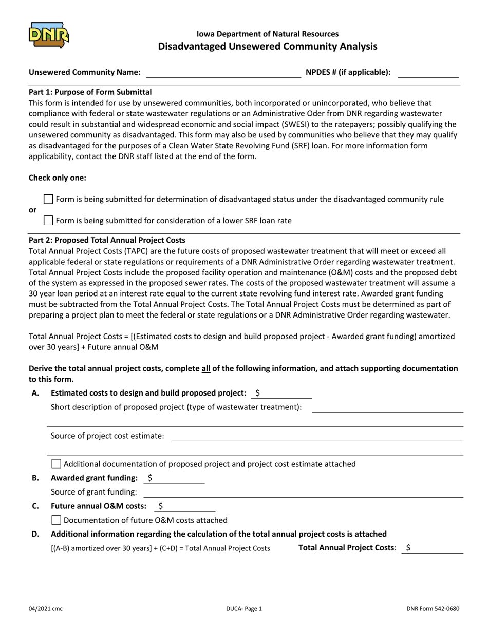 DNR Form 542-0680 Disadvantaged Unsewered Community Analysis - Iowa, Page 1