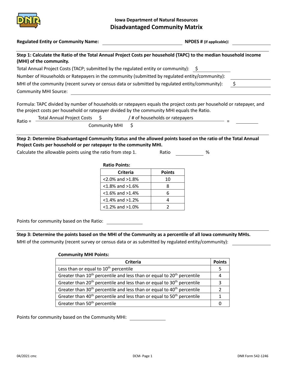 DNR Form 542-1246 Disadvantaged Community Matrix - Iowa, Page 1