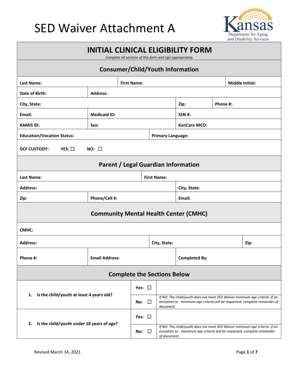 Attachment A Initial Clinical Eligibility Form - Kansas, Page 1