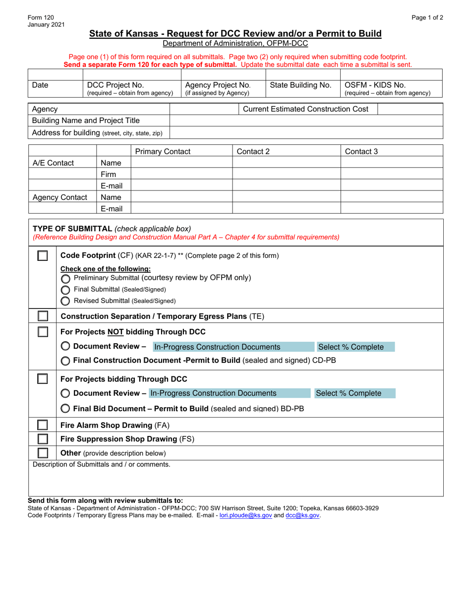 Form 120 Request for Dcc Review and / or a Permit to Build - Kansas, Page 1