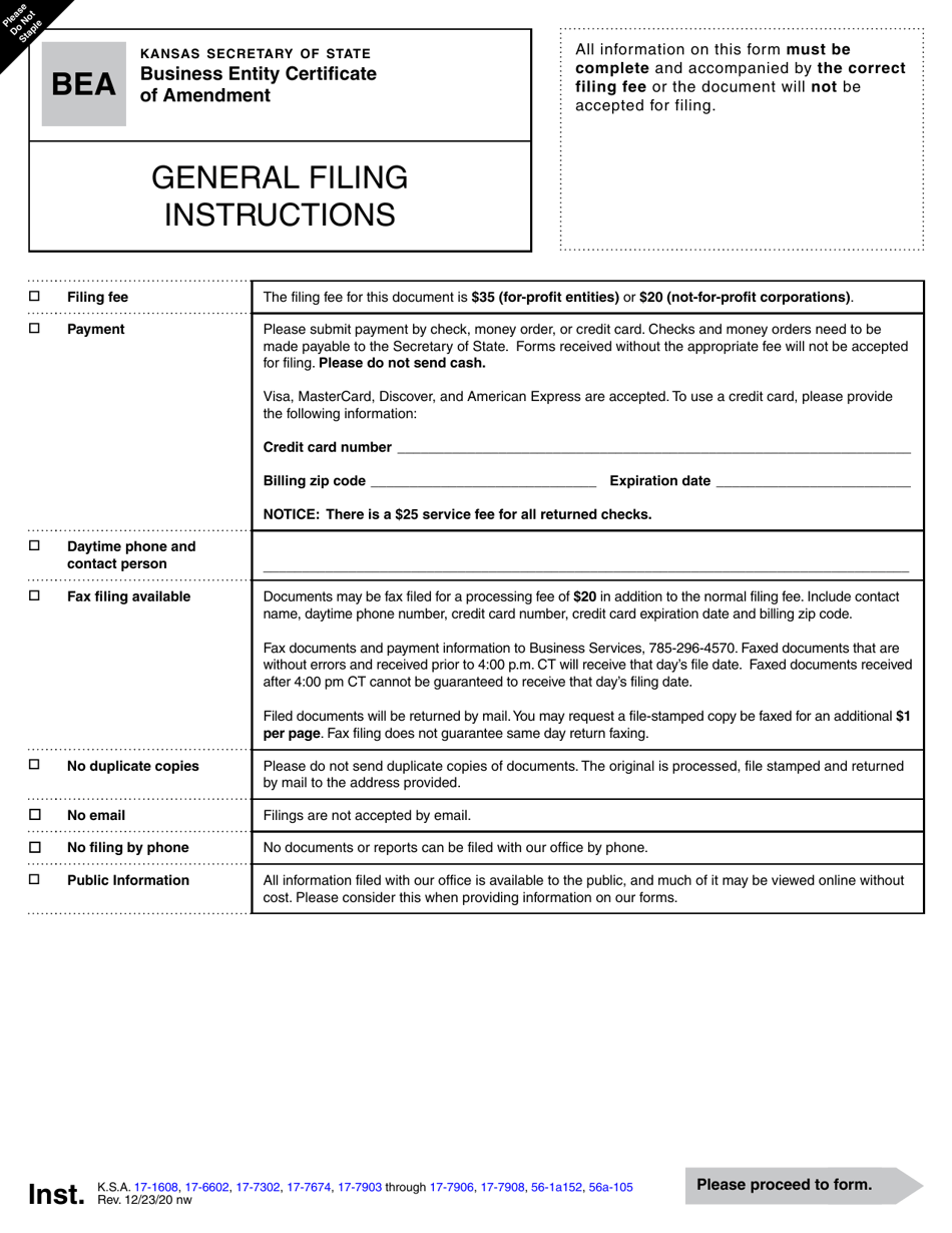 Form BEA Business Entity Certificate of Amendment - Kansas, Page 1