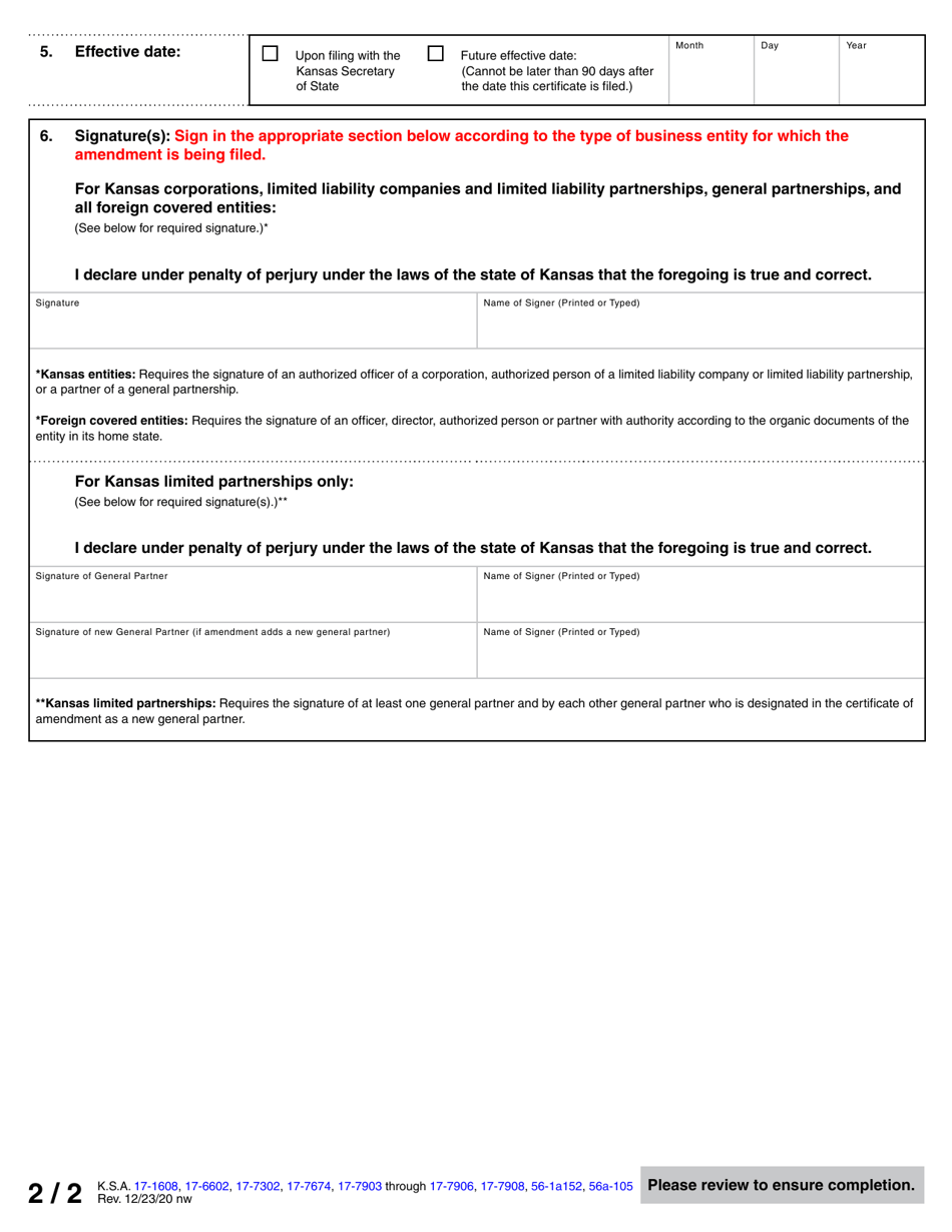 Form BEA Business Entity Certificate of Amendment - Kansas, Page 4