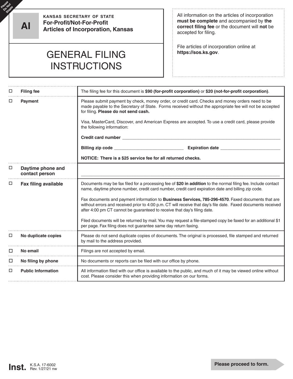 Form AI For-Profit / Not-For-Profit Articles of Incorporation - Kansas, Page 1