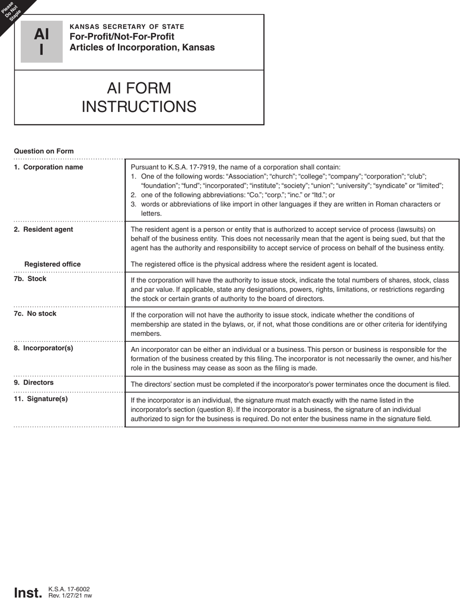 Form AI For-Profit / Not-For-Profit Articles of Incorporation - Kansas, Page 2