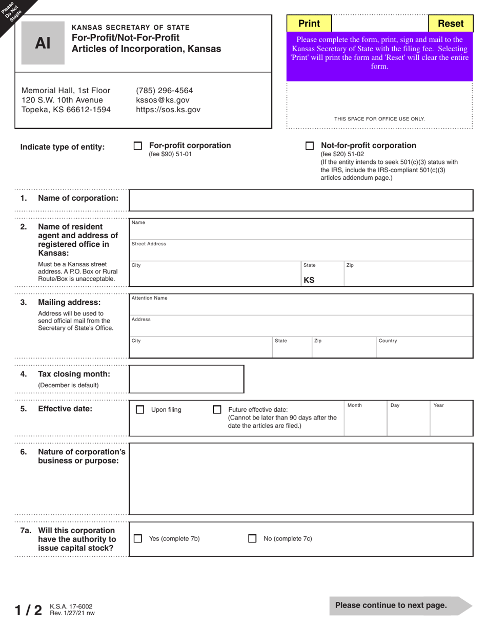 Form AI For-Profit / Not-For-Profit Articles of Incorporation - Kansas, Page 3