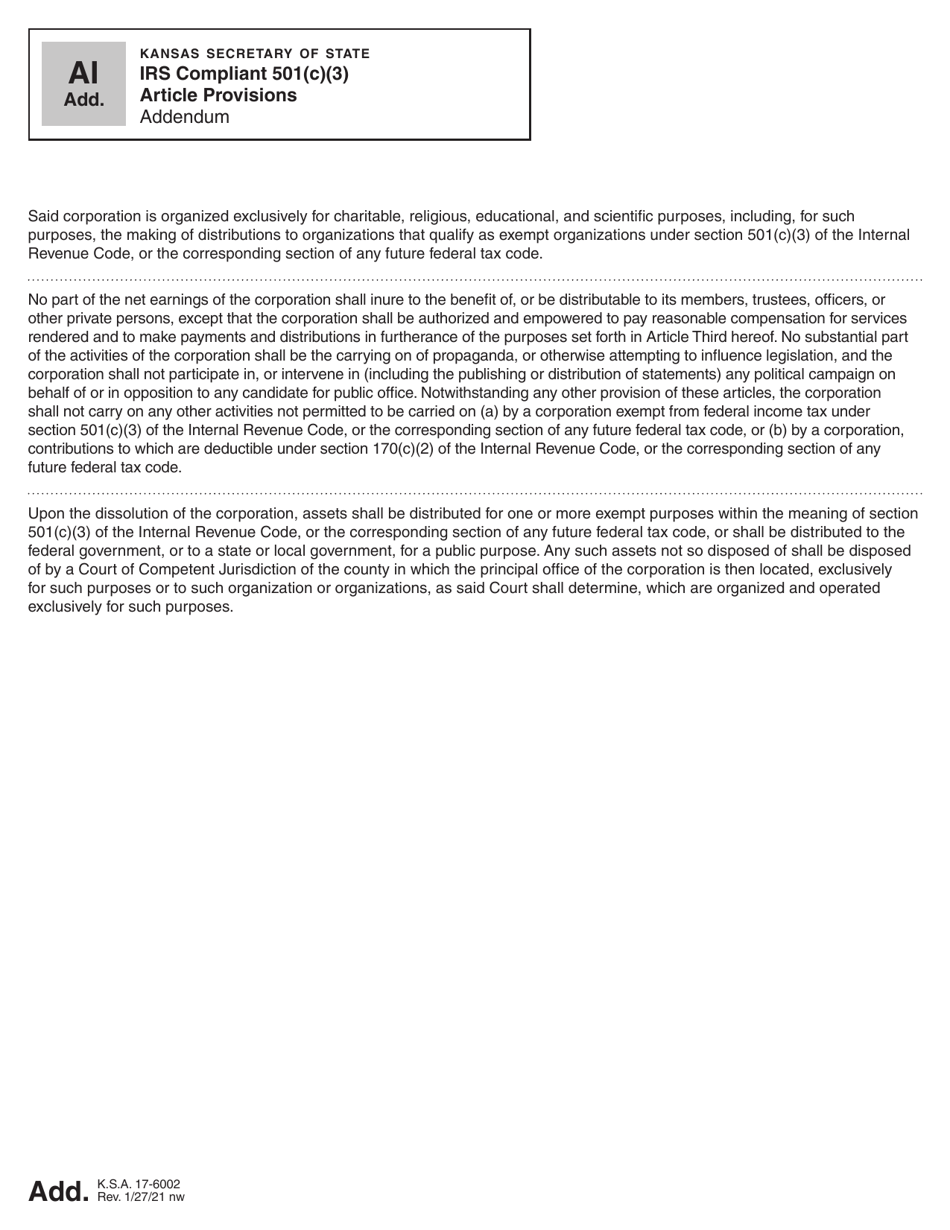 Form AI For-Profit / Not-For-Profit Articles of Incorporation - Kansas, Page 5