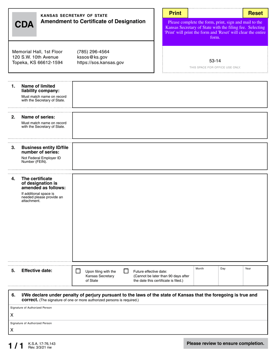Form CDA Amendment to Certificate of Designation - Kansas, Page 2