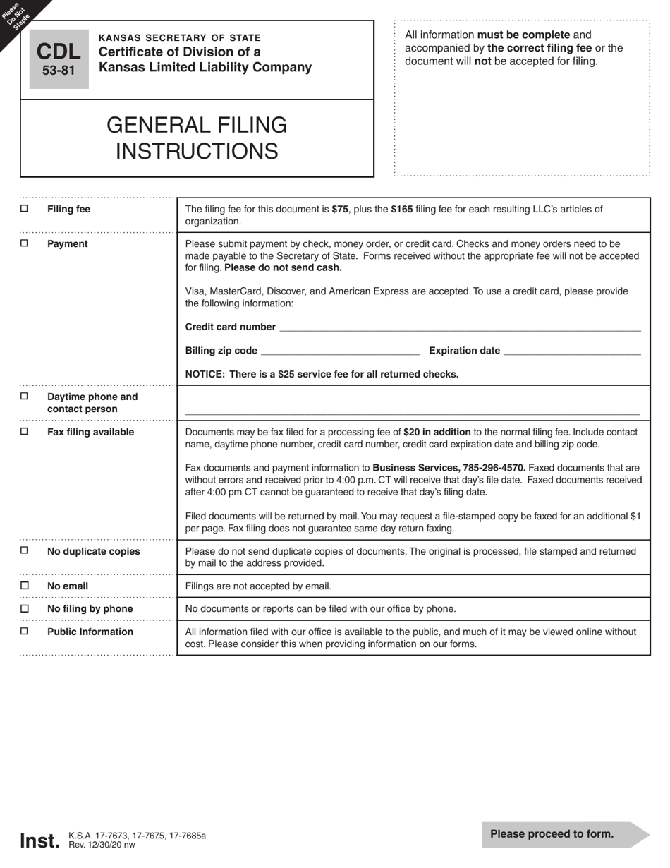Form CDL53-81 Certificate of Division of a Kansas Limited Liability Company - Kansas, Page 1