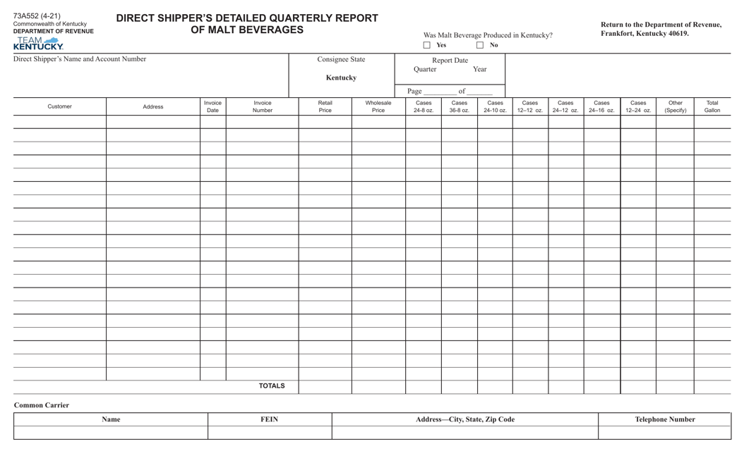 Form 73A552 Direct Shipper's Detailed Quarterly Report of Malt Beverages - Kentucky
