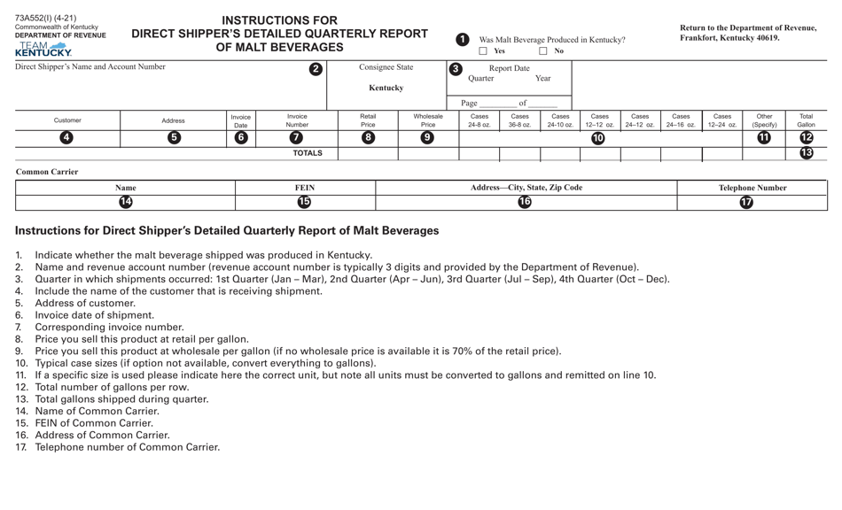 Form 73A552 Direct Shippers Detailed Quarterly Report of Malt Beverages - Kentucky, Page 2