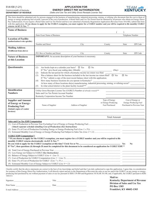 Form 51A109 Application for Energy Direct Pay Authorization - Kentucky