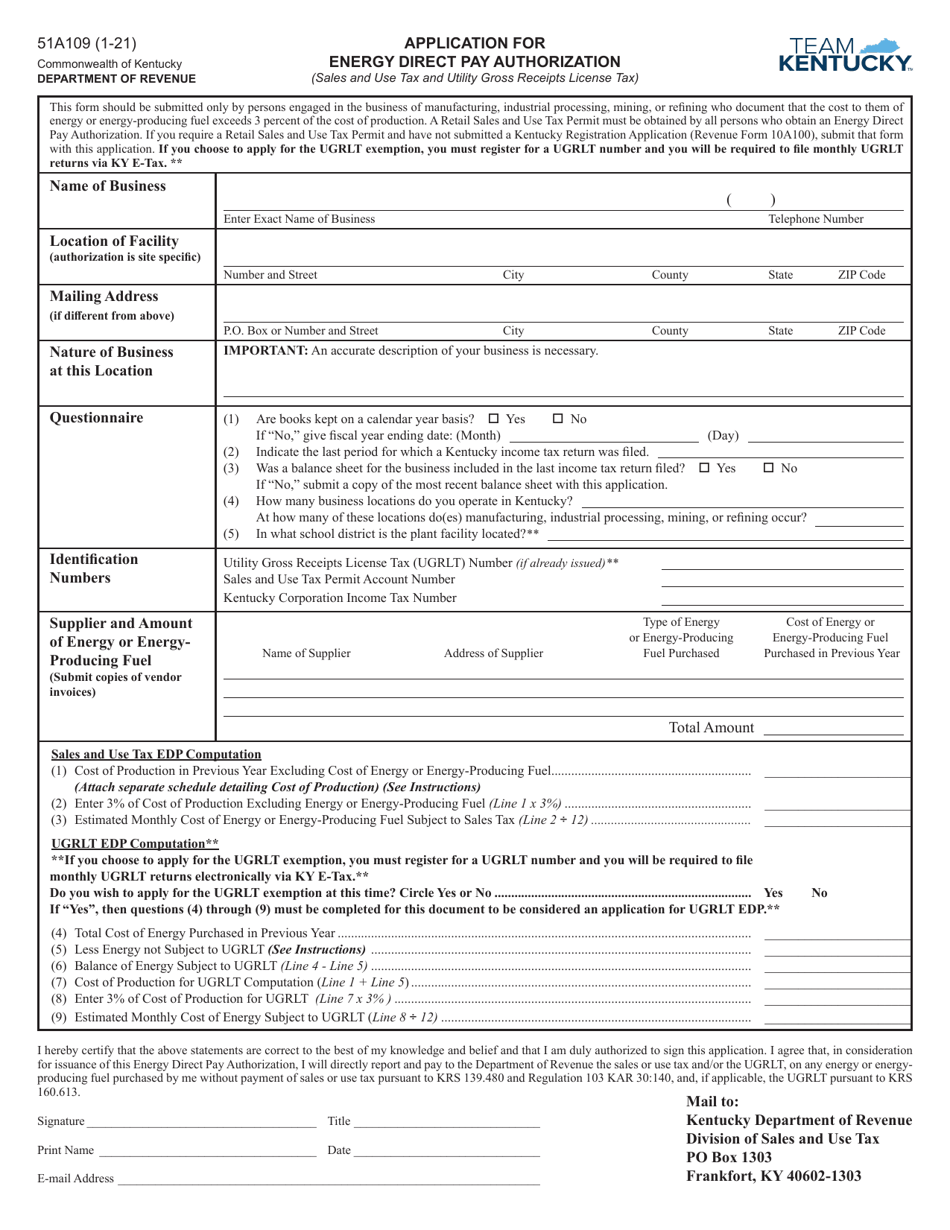 Form 51A109 Download Printable PDF or Fill Online Application for ...