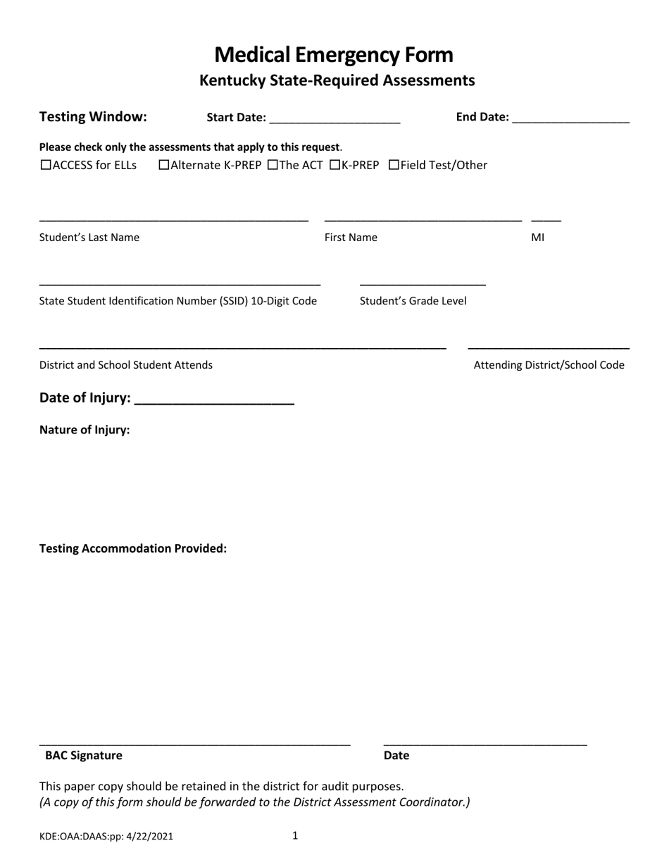 Medical Emergency Form - Kentucky, Page 1