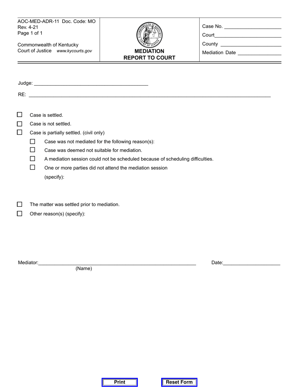 Form AOC-MED-ADR-11 Mediation Report to Court - Kentucky, Page 1
