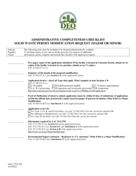 Document preview: Form 7316 Administrative Completeness Checklist Solid Waste Permit Modification Request (Major or Minor) - Louisiana