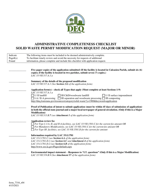 Form 7316 Administrative Completeness Checklist Solid Waste Permit Modification Request (Major or Minor) - Louisiana