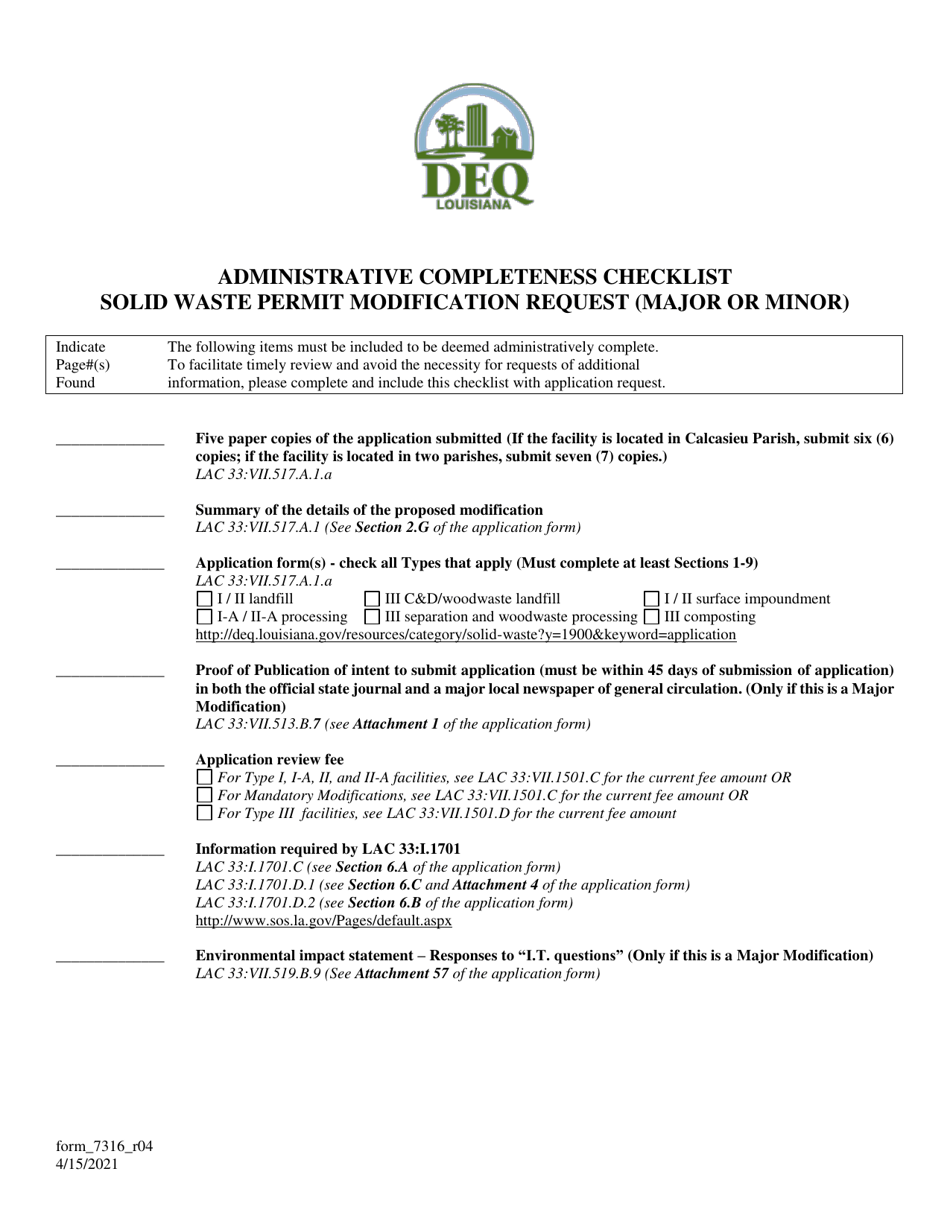 Form 7316 Administrative Completeness Checklist Solid Waste Permit Modification Request (Major or Minor) - Louisiana, Page 1