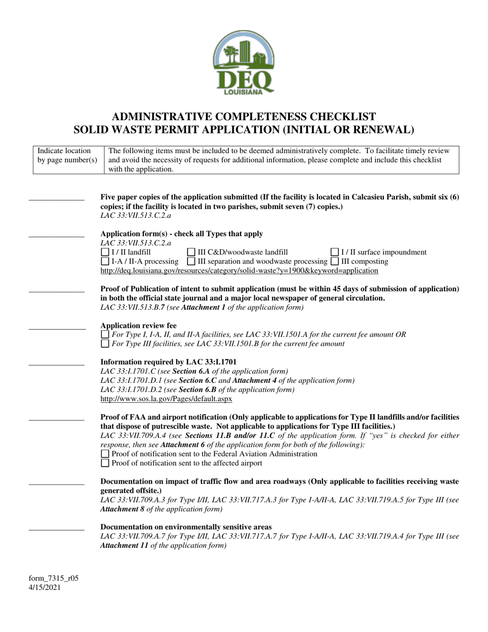 Form 7315 Administrative Completeness Checklist - Solid Waste Permit Application (Initial or Renewal) - Louisiana, Page 1