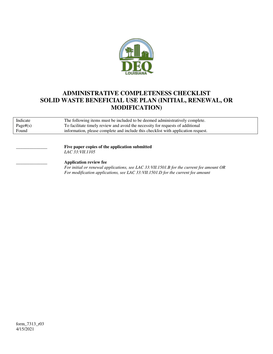 Form 7313 Administrative Completeness Checklist - Solid Waste Beneficial Use Plan (Initial, Renewal, or Modification) - Louisiana, Page 1