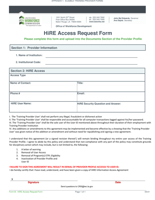 Form B Hire Access Request Form - Louisiana
