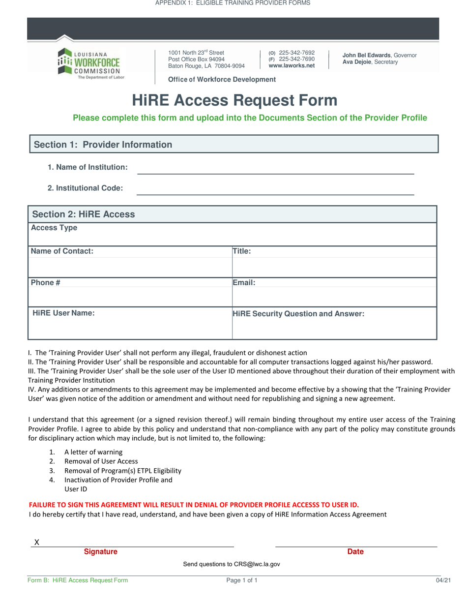 Form B Hire Access Request Form - Louisiana, Page 1