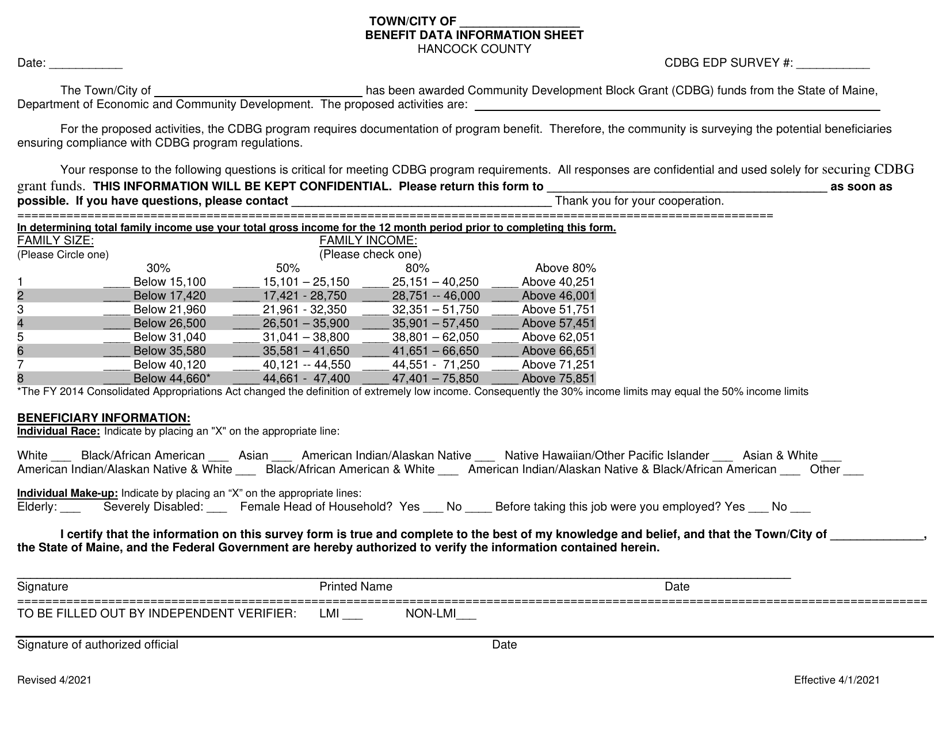 Benefit Data Information Sheet - Hancock County, Maine, Page 1