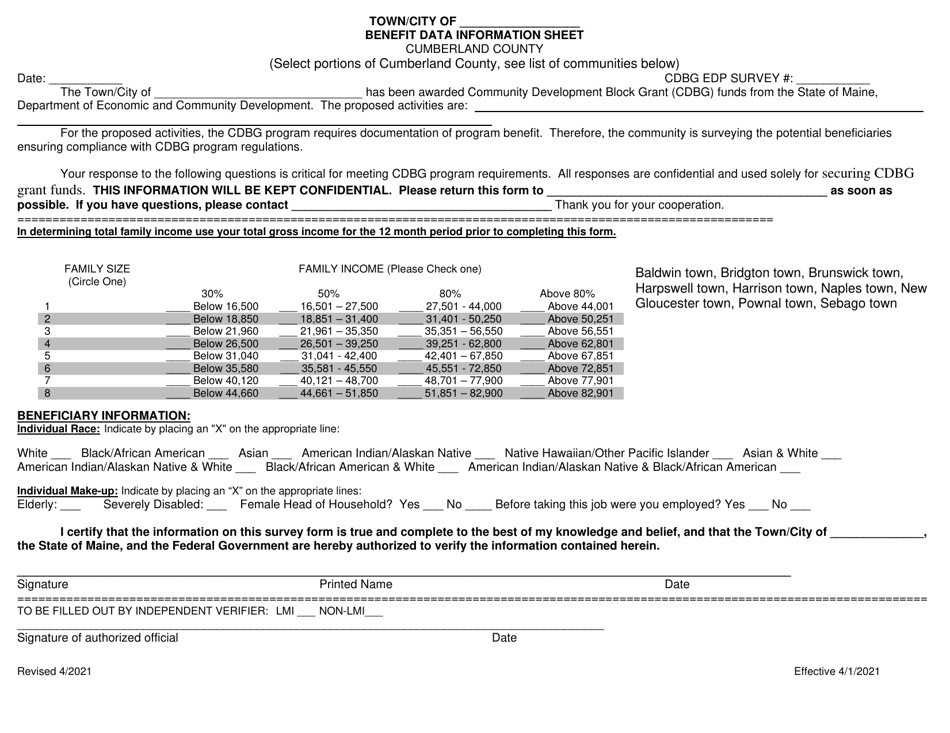 Benefit Data Information Sheet - Cumberland County, Maine, Page 1