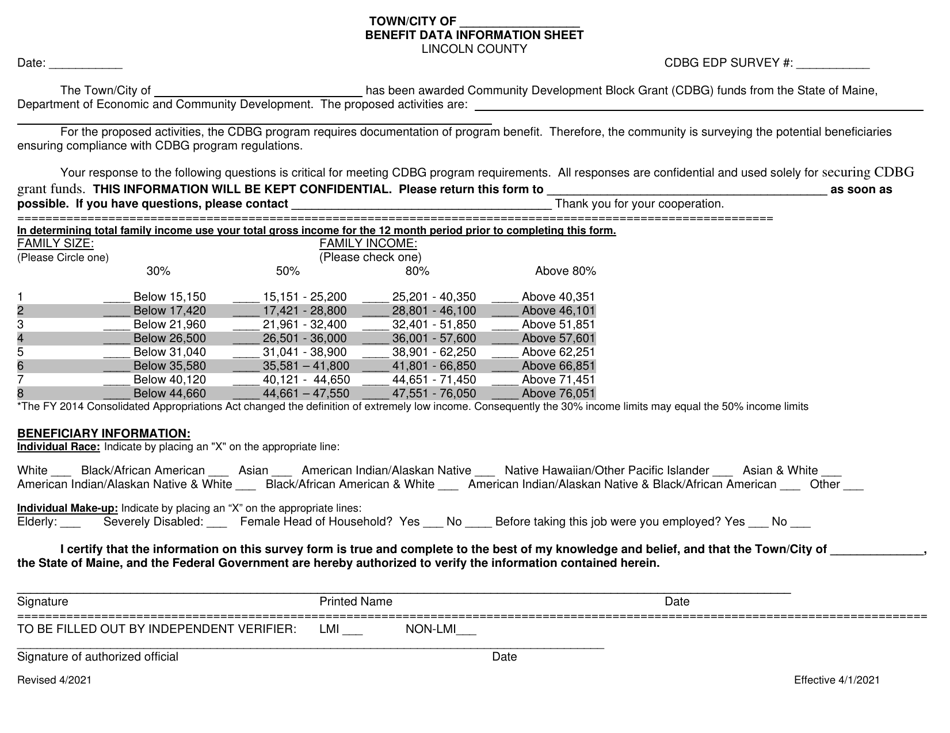 Benefit Data Information Sheet - Lincoln County, Maine, Page 1