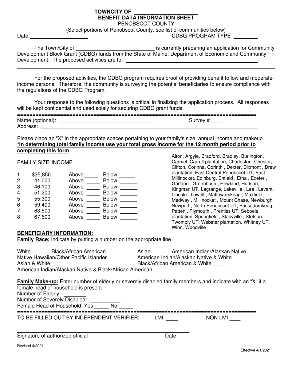 Benefit Data Information Sheet - Penobscot County, Maine, Page 1