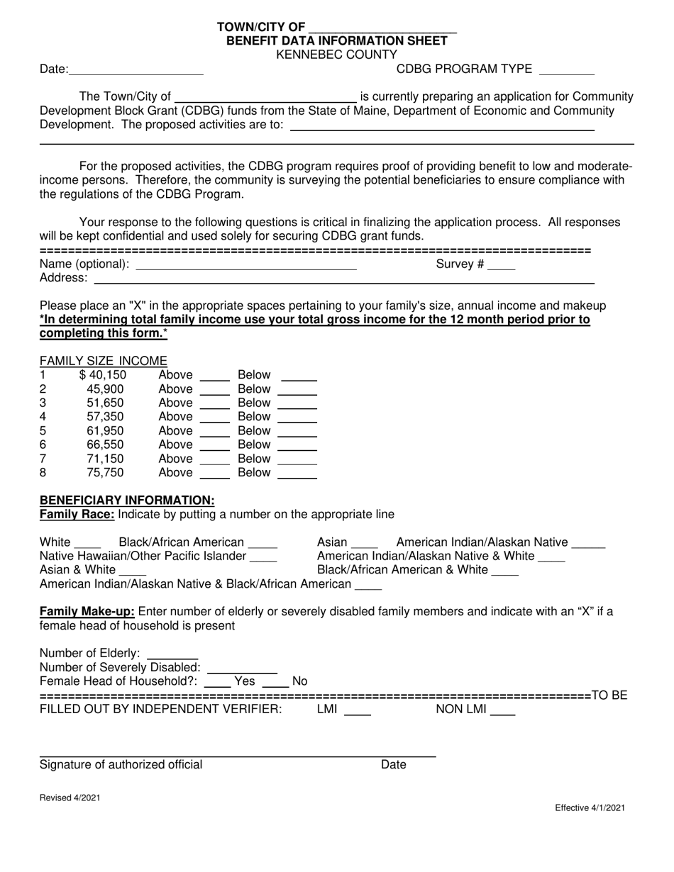 Benefit Data Information Sheet - Kennebec County, Maine, Page 1