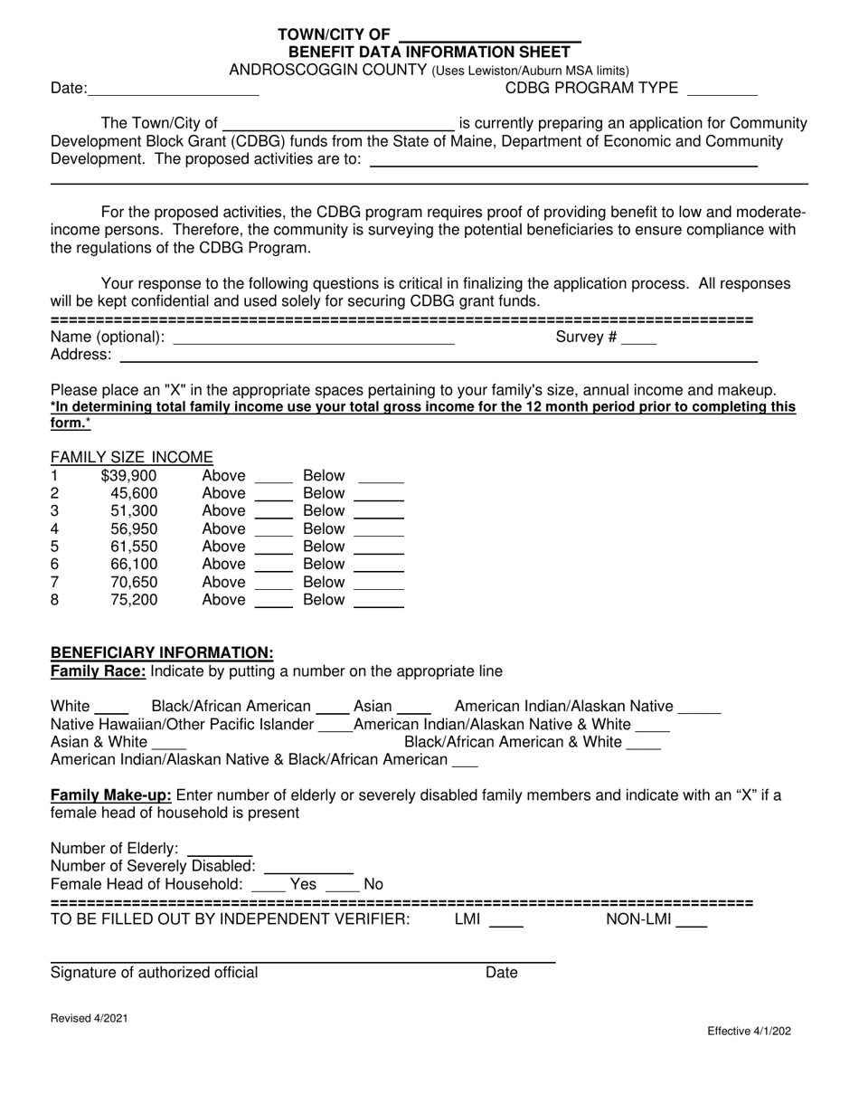 Benefit Data Information Sheet - Androscoggin County, Maine, Page 1