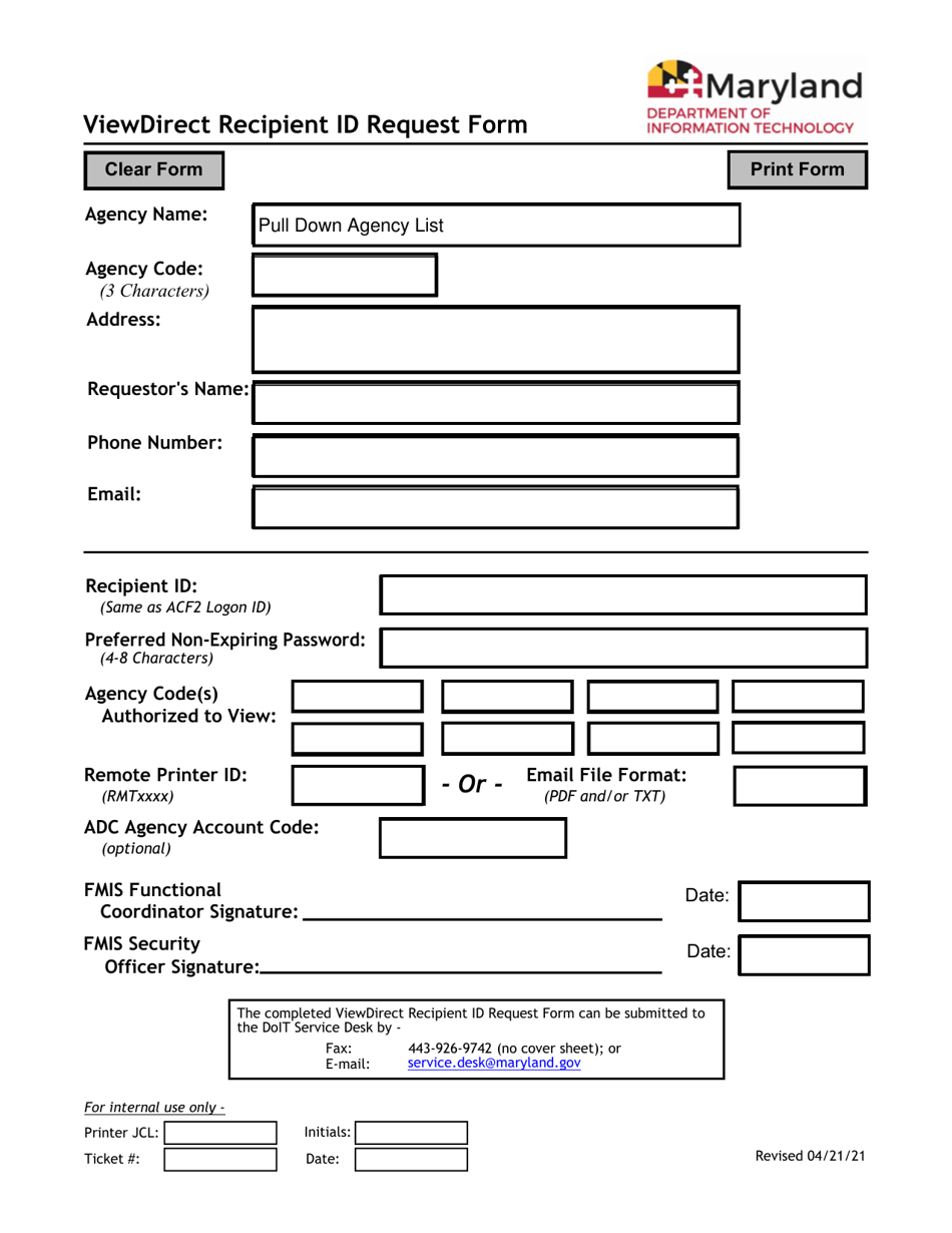 Maryland Viewdirect Recipient Id Request Form Fill Out, Sign Online