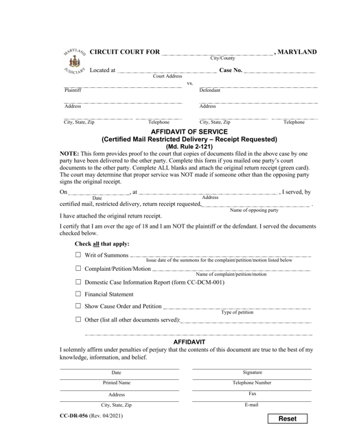 Form CC-DR-056 Affidavit of Service (Certified Mail Restricted Delivery - Receipt Requested) - Maryland