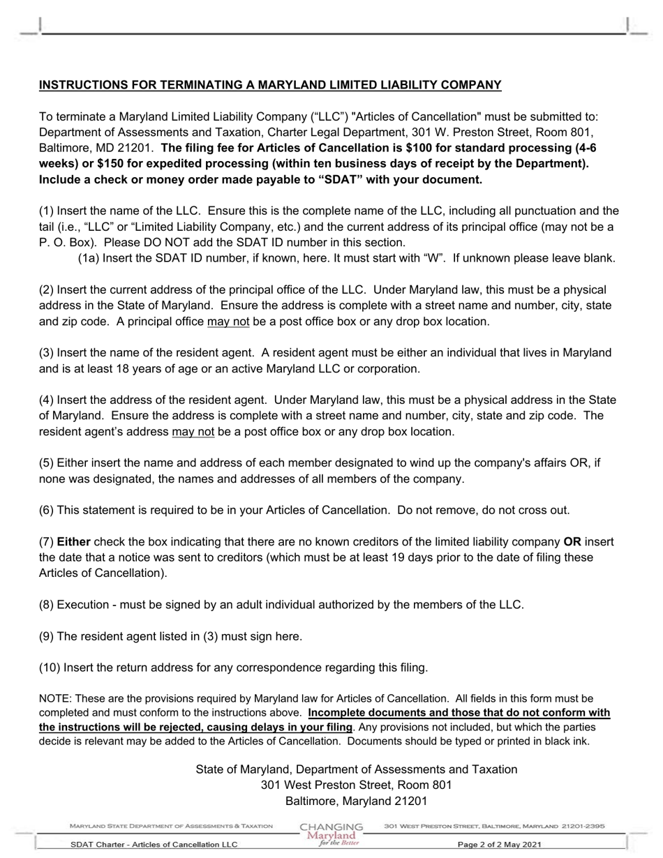 Articles of Cancellation for a Maryland Limited Liability Company - Maryland, Page 2