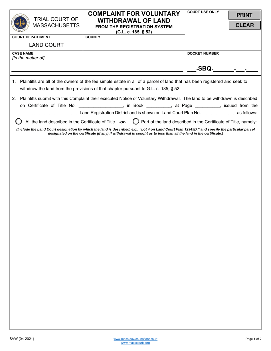 Form SVW Complaint for Voluntary Withdrawal of Land - Massachusetts, Page 1