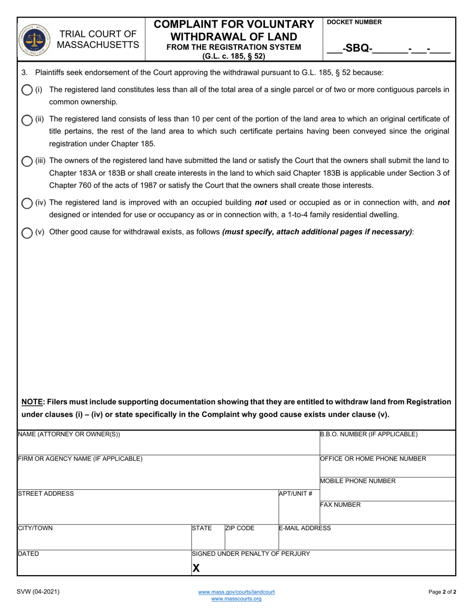 Form SVW Complaint for Voluntary Withdrawal of Land - Massachusetts, Page 2