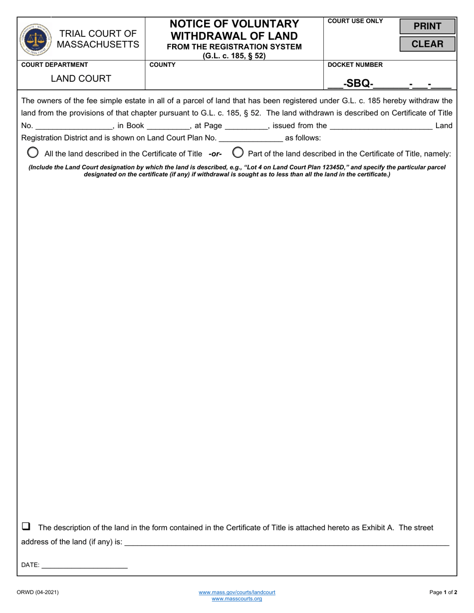 Form ORWD Notice of Voluntary Withdrawal of Land - Massachusetts, Page 1