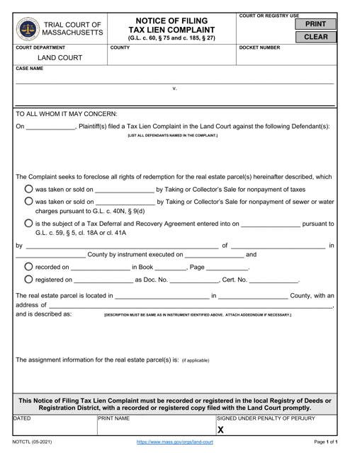 Form NOTCTL Notice of Filing Tax Lien Complaint - Massachusetts