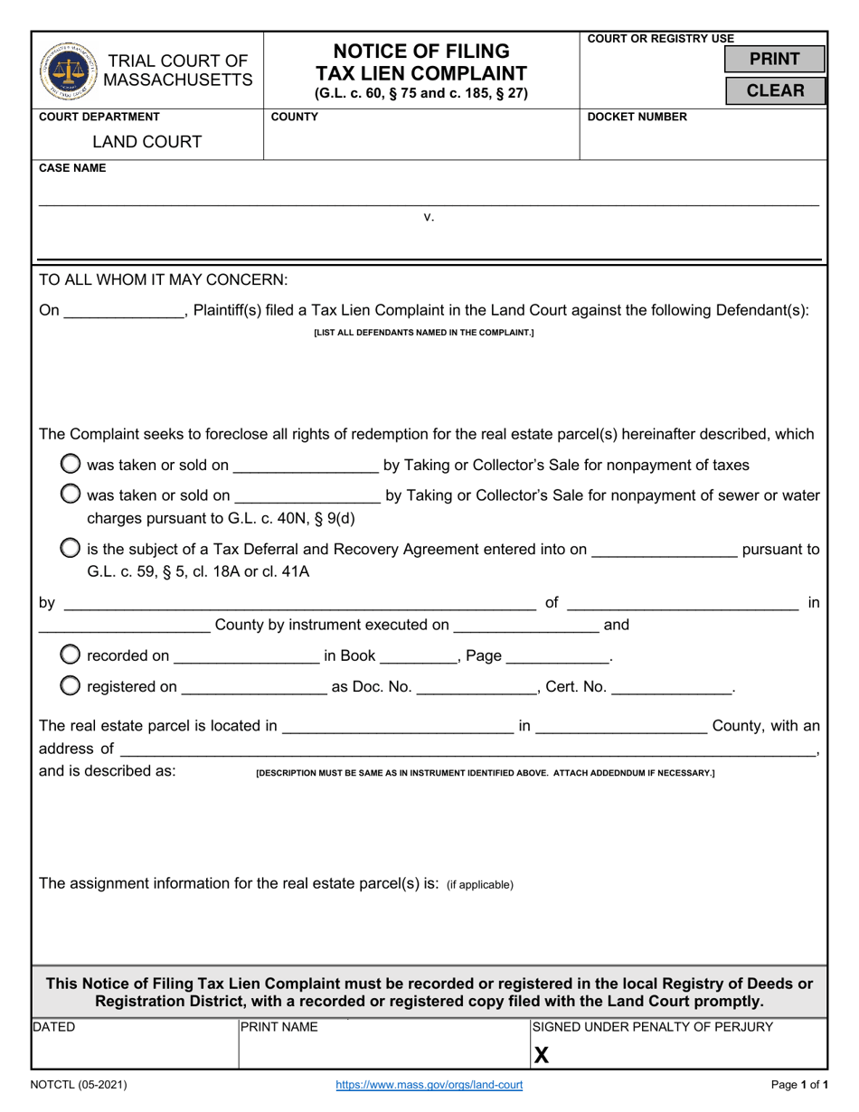 Form NOTCTL Notice of Filing Tax Lien Complaint - Massachusetts, Page 1