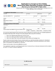 Form LIC106 &quot;Application to Accept an Out-of-State Motorcycle Rider Education Program Certificate&quot; - Massachusetts