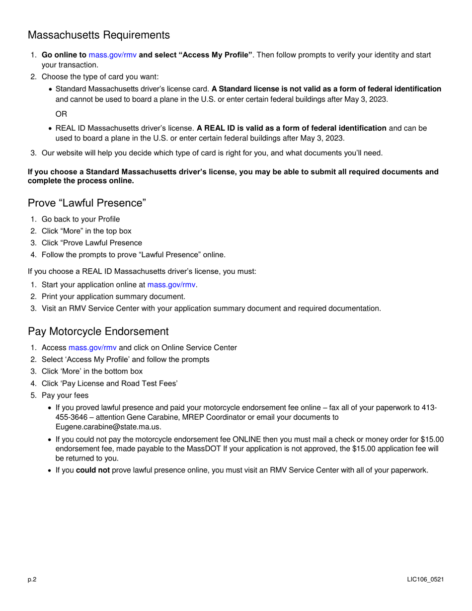 Form LIC106 Application to Accept an Out-of-State Motorcycle Rider Education Program Certificate - Massachusetts, Page 2