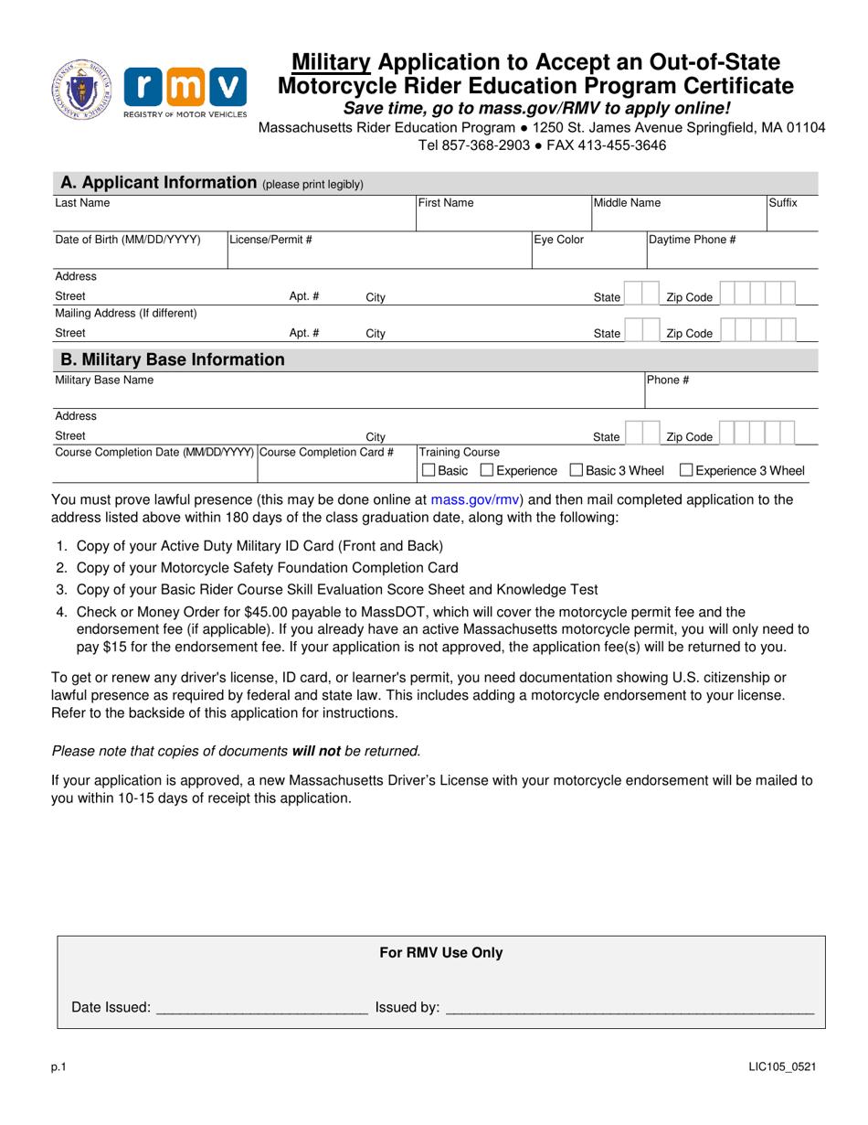 Form LIC105 Military Application to Accept an Out-of-State Motorcycle Rider Education Program Certificate - Massachusetts, Page 1