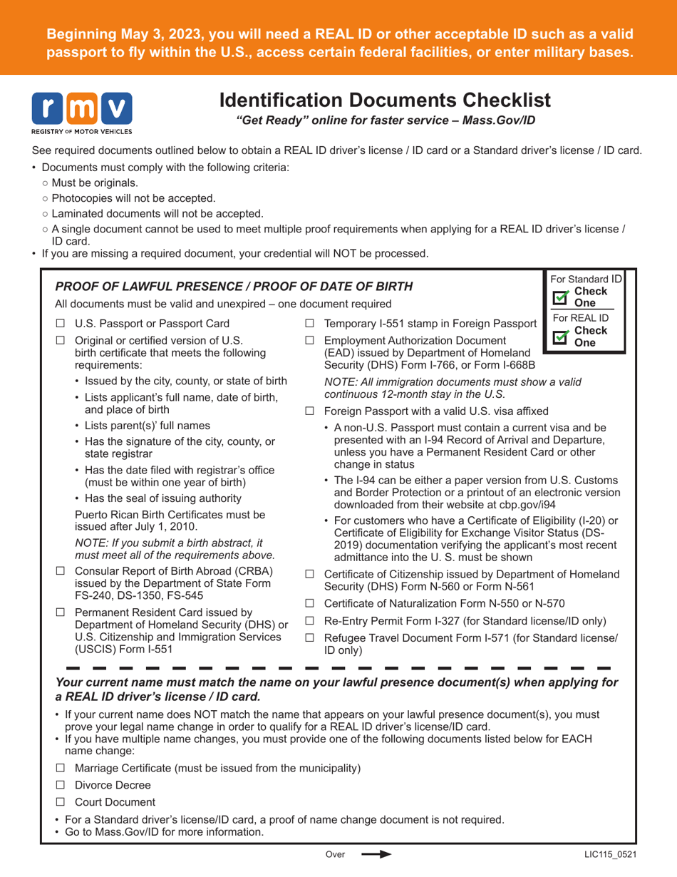 Form LIC115 Download Printable PDF or Fill Online Identification ...