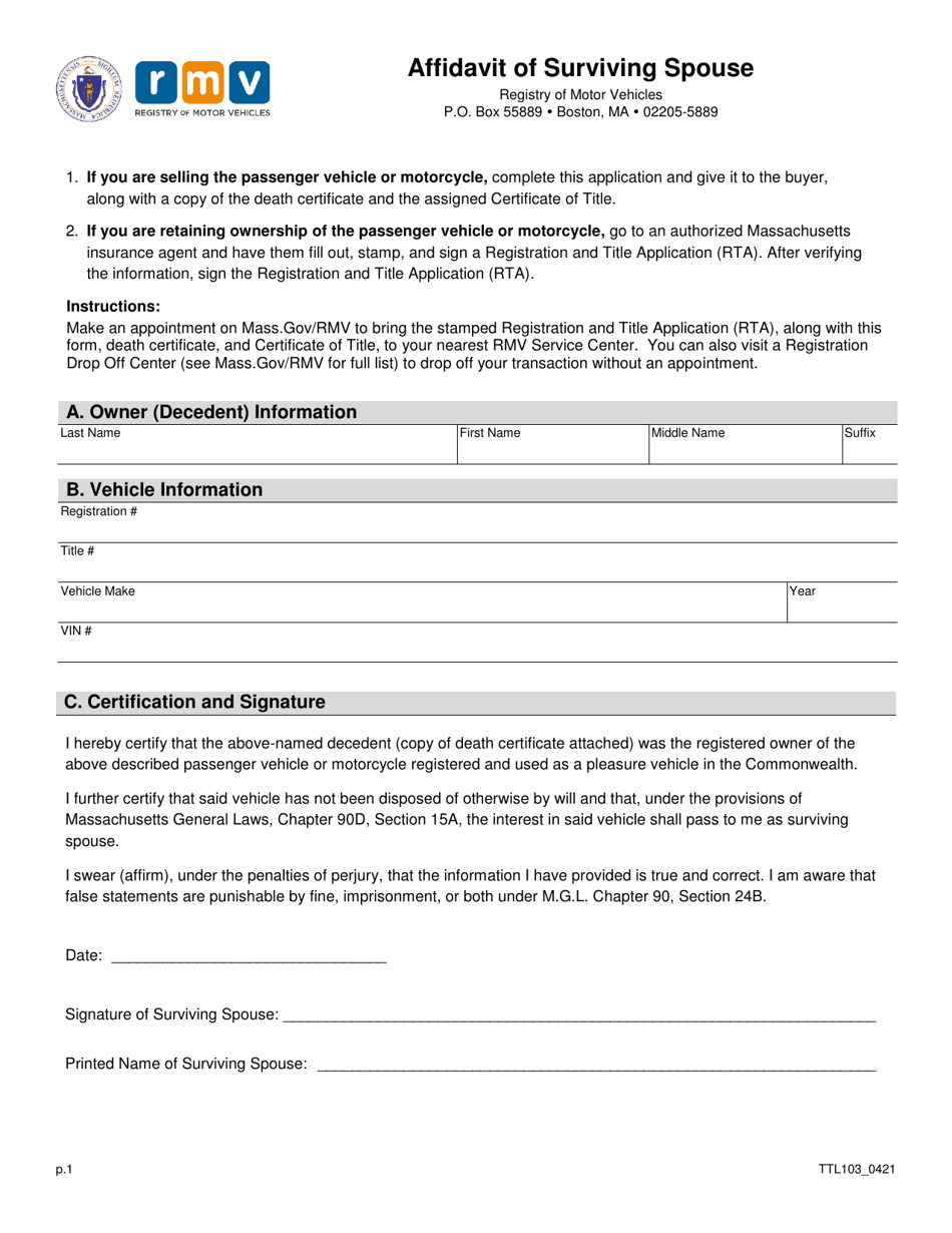 Form TTL103 Affidavit of Surviving Spouse - Massachusetts, Page 1