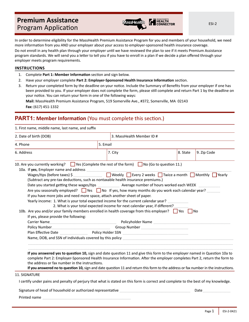 Form ESI-2 Premium Assistance Program Application - Massachusetts, Page 1