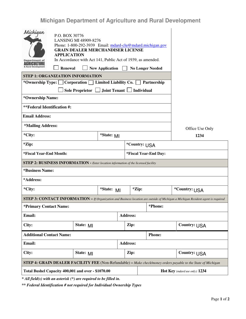 Grain Dealer Merchandiser License Application - Michigan, Page 1