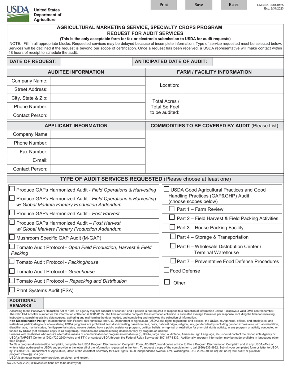 Form SC-237A Request for Audit Services, Page 1