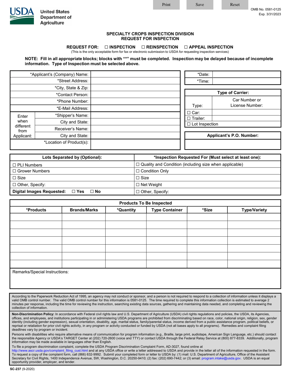Form SC-237 Record of Request for Inspection or Re-inspection of Food Products, Page 1