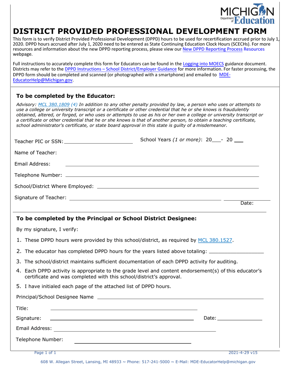 Michigan District Provided Professional Development Form Download ...
