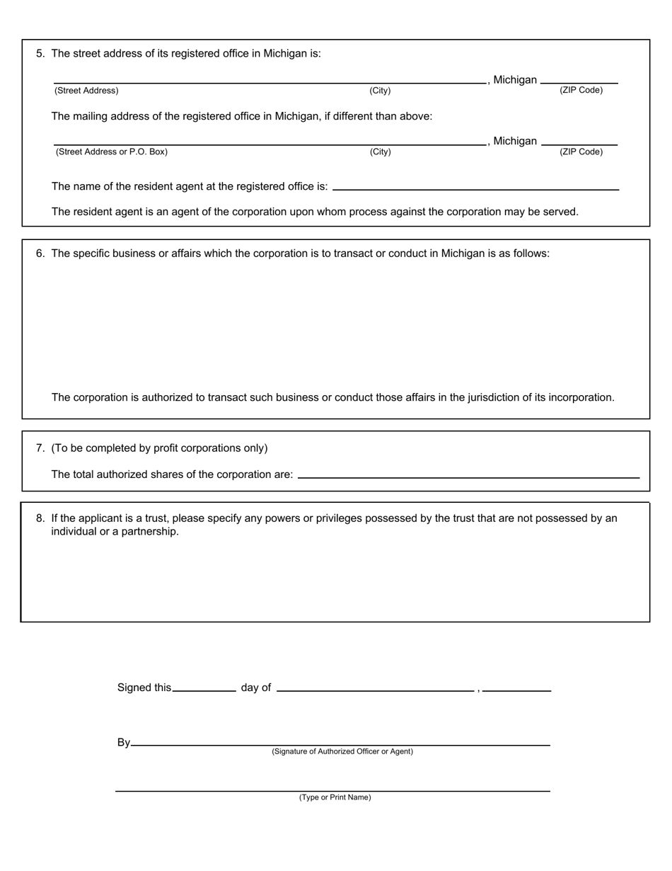 Form CSCL / CD-560 Application for Certificate of Authority to Transact Business or Conduct Affairs in Michigan for Use by Foreign Corporations - Michigan, Page 2